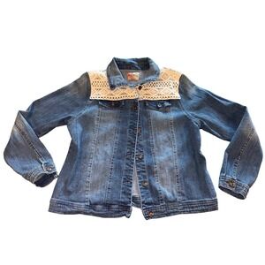 Ruff Hewn Jean Denim Jacket With Crochet Detail Large Casual Spring Boho Chic